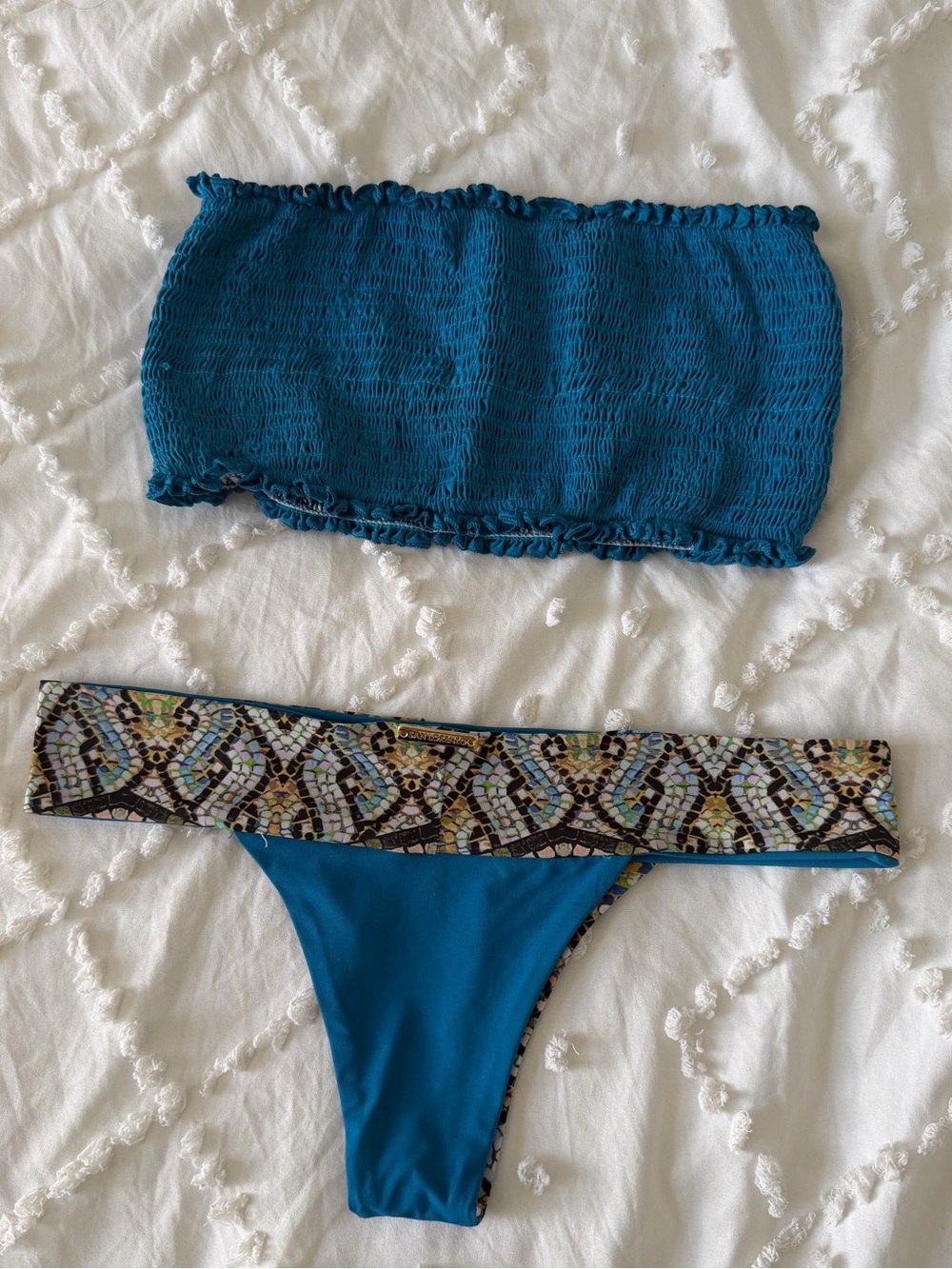 San Lorenzo Reversible Bikini Set Teal Mosaic Print Bandeau Top + Belt Thong